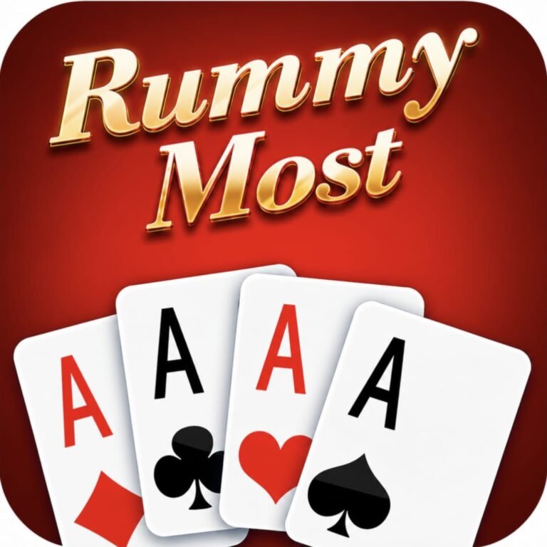 Rummy Most APK card game app logo with four ace playing cards